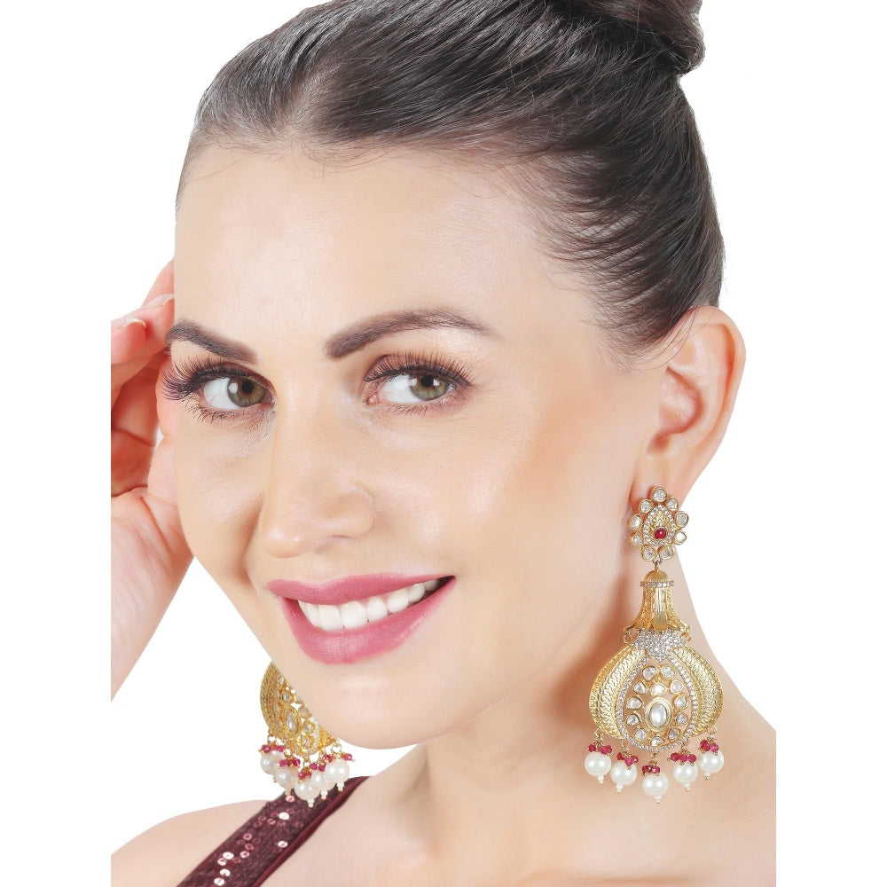 Akulya Jewels Antique Kundan Danglers with Delicate Faux Diamonds Red and White Beads.