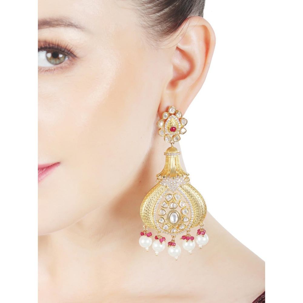 Akulya Jewels Antique Kundan Danglers with Delicate Faux Diamonds Red and White Beads.