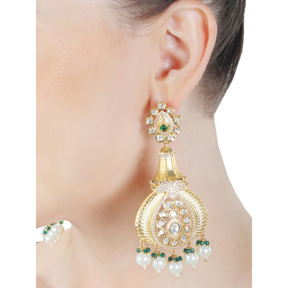 Akulya Jewels Antique Kundan Danglers with Delicate Faux Diamonds Green and White Beads.
