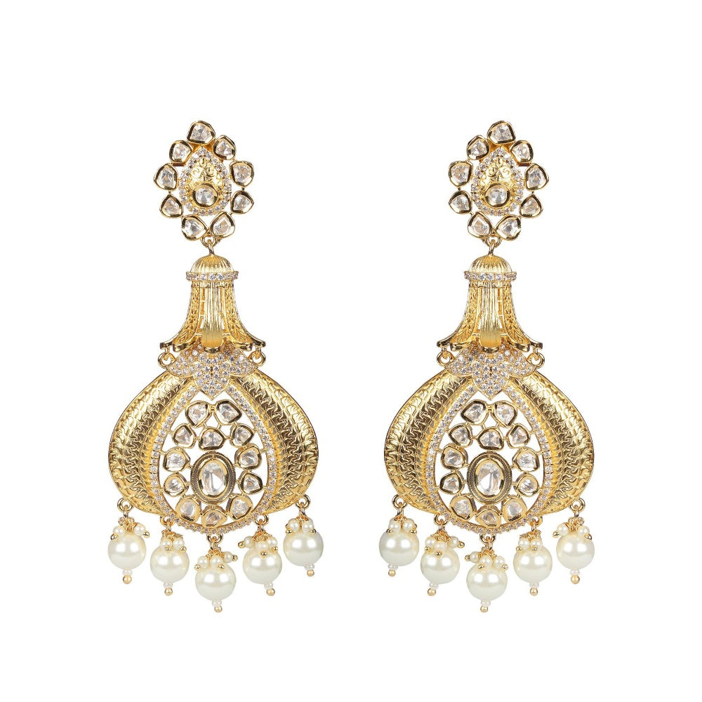 Akulya Jewels Antique Kundan Danglers with Delicate Faux Diamonds and White Beads.