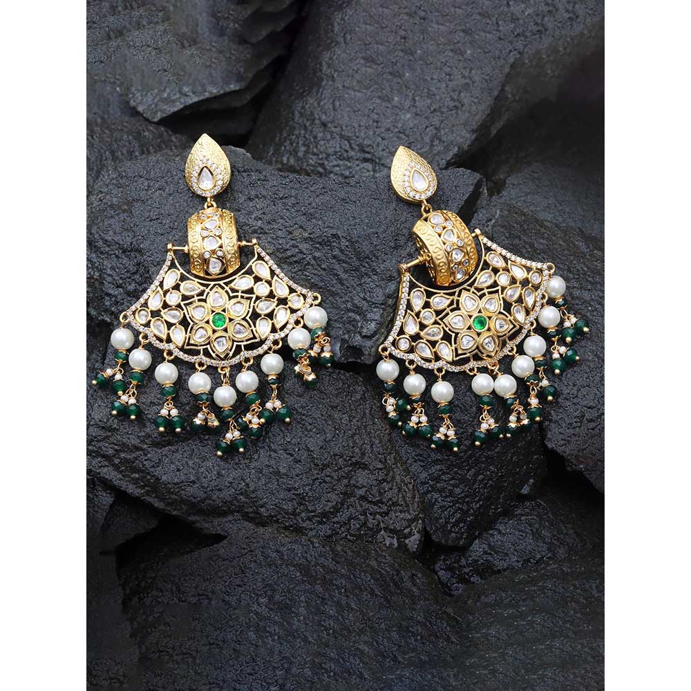 Akulya Jewels Kundan Chandbalis with Emerald Green and White Beads.