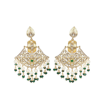 Akulya Jewels Kundan Chandbalis with Emerald Green and White Beads.