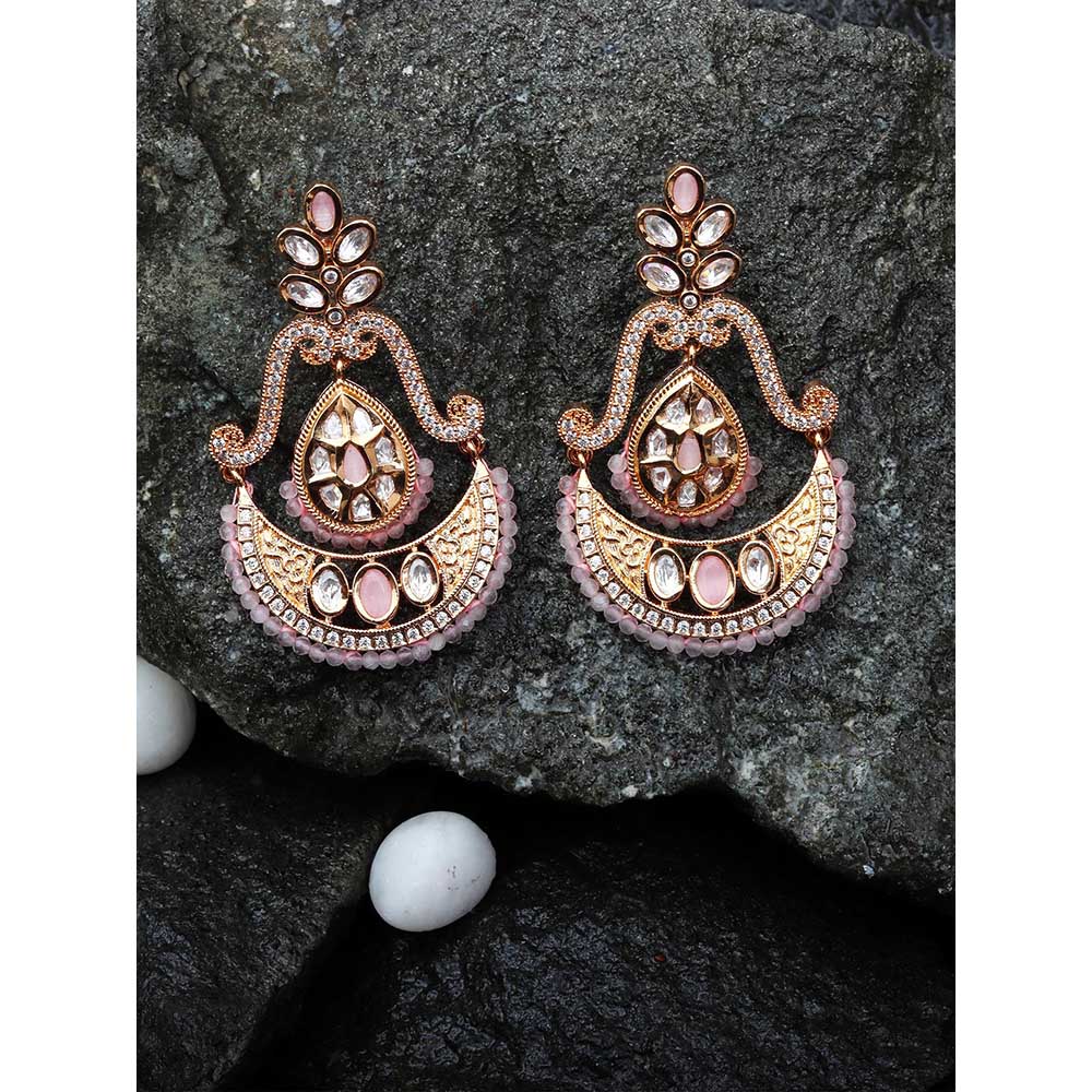 Akulya Jewels Kundan Chandbalis with Delicate Faux Diamonds and Blush Pink Beads.
