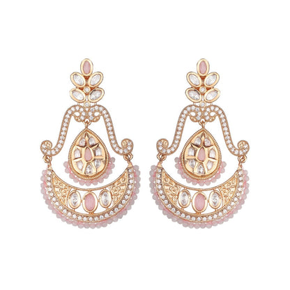 Akulya Jewels Kundan Chandbalis with Delicate Faux Diamonds and Blush Pink Beads.