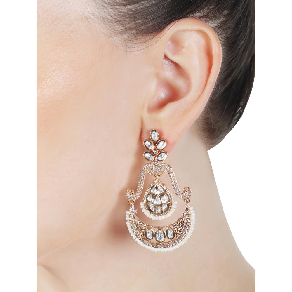 Akulya Jewels Kundan Chandbalis with Delicate Faux Diamonds and White Beads.