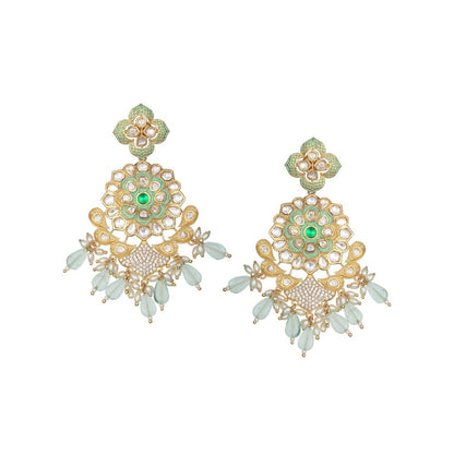 Akulya Jewels Kundan Chandbalis with Faux Diamonds and Green Beads