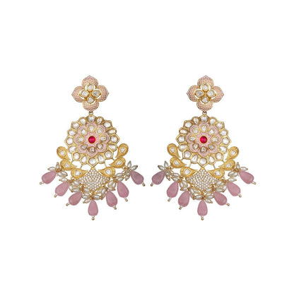 Akulya Jewels Kundan Chandbalis with Faux Diamonds and Pink Beads