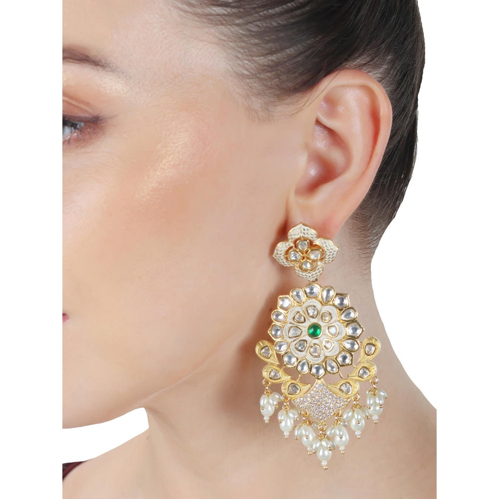 Akulya Jewels Kundan Chandbalis with Faux Diamonds and White Beads