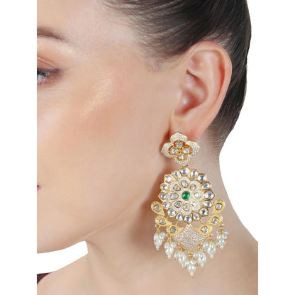 Akulya Jewels Kundan Chandbalis with Faux Diamonds and White Beads
