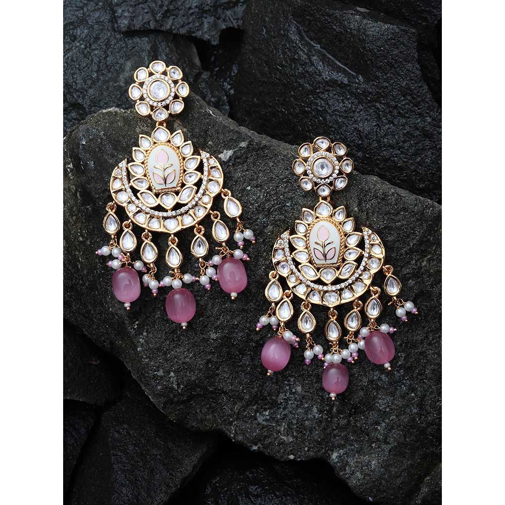 Akulya Jewels Blush Pink Minakari Kundan Chandbalis with Delicate Faux Diamonds and Beads.