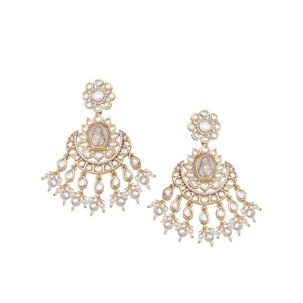 Akulya Jewels Light Grey Minakari Kundan Chandbalis with Delicate Faux Diamonds and Beads.