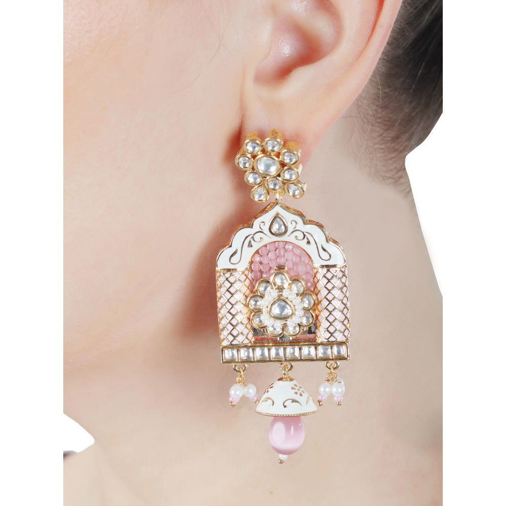 Akulya Jewels Blush Pink Minakari Kundan Jharokha Styled Danglers