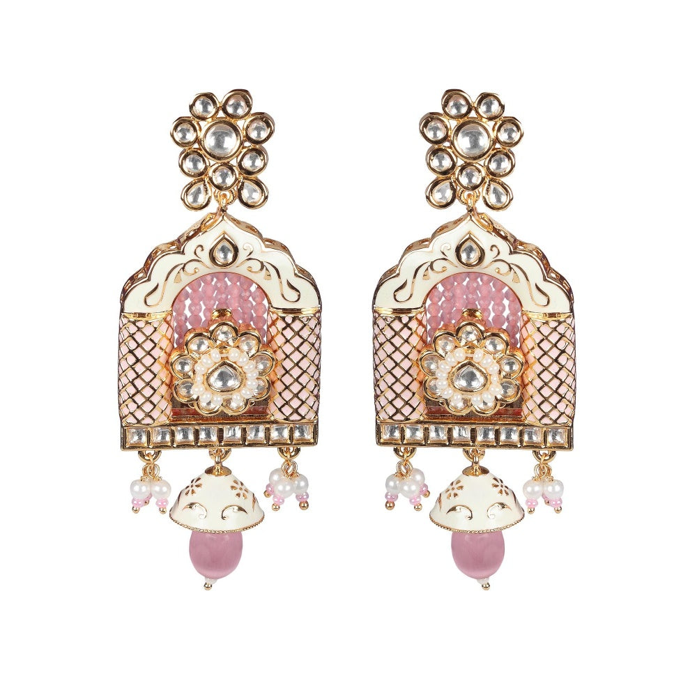 Akulya Jewels Blush Pink Minakari Kundan Jharokha Styled Danglers