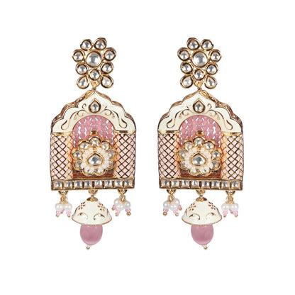 Akulya Jewels Blush Pink Minakari Kundan Jharokha Styled Danglers