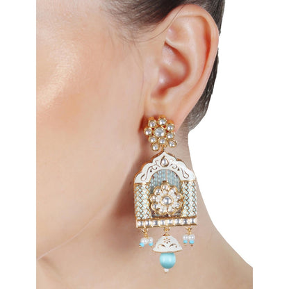Akulya Jewels Aqua Blue Minakari Kundan Jharokha Styled Danglers