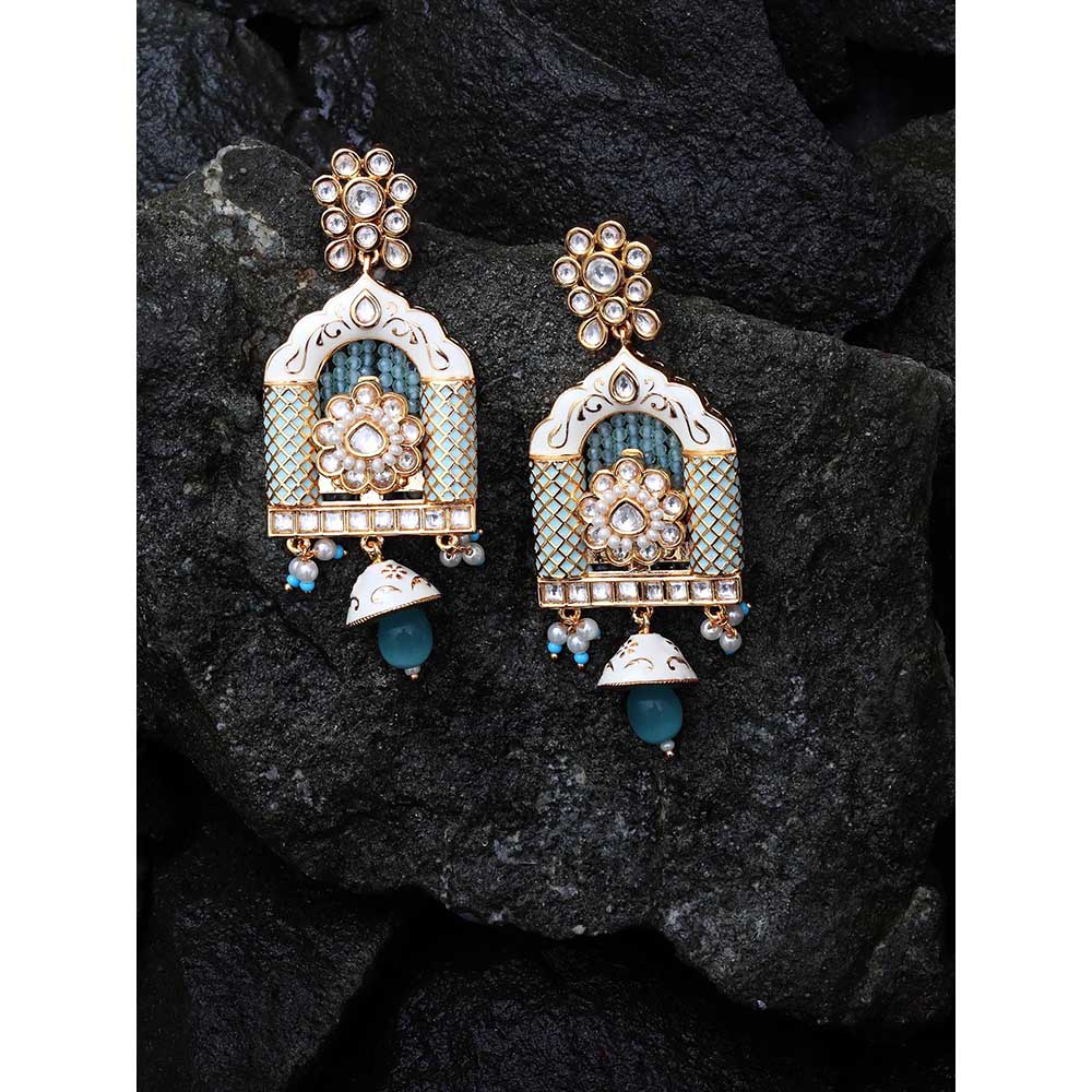Akulya Jewels Aqua Blue Minakari Kundan Jharokha Styled Danglers