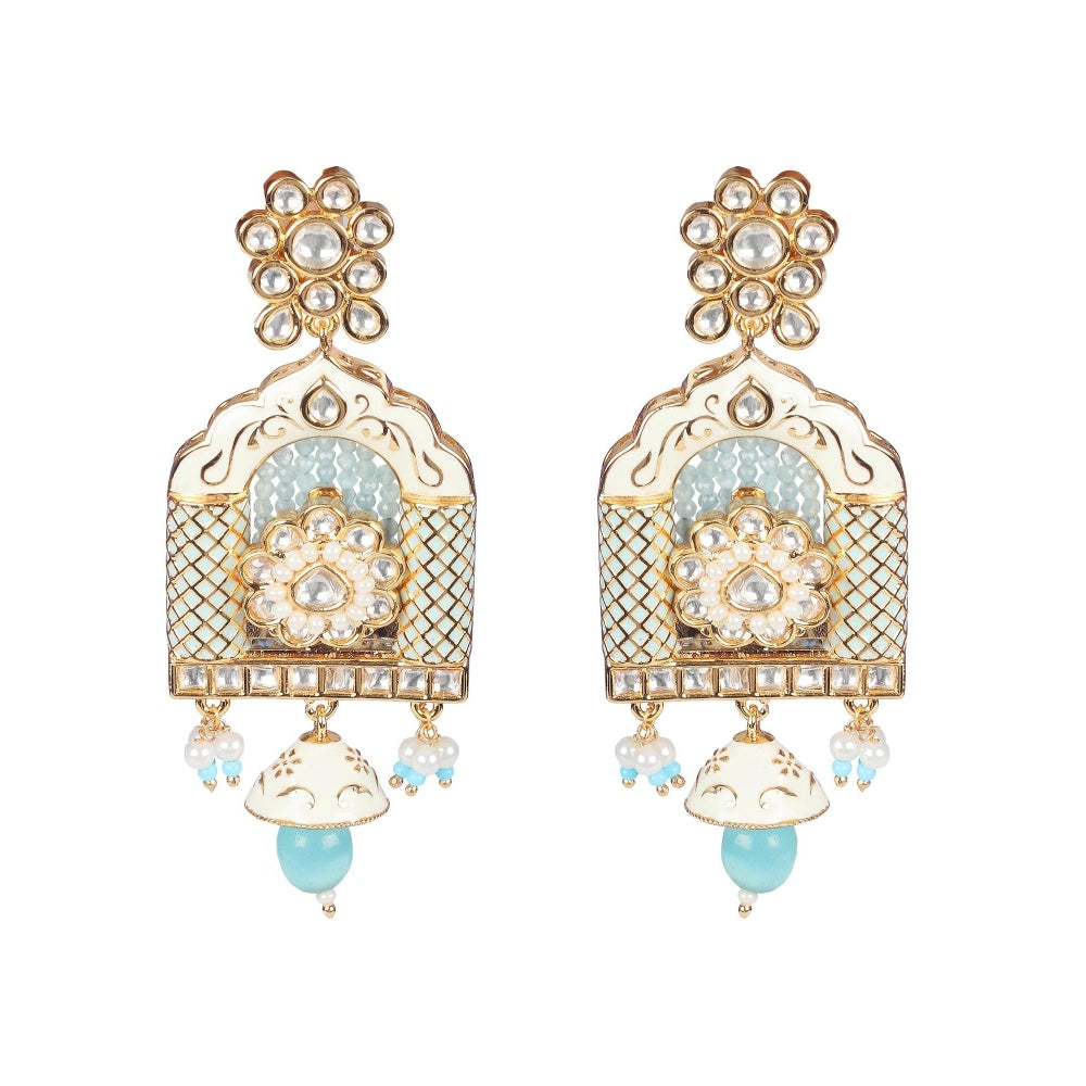Akulya Jewels Aqua Blue Minakari Kundan Jharokha Styled Danglers