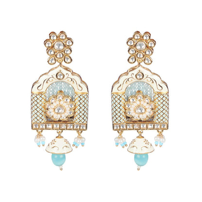Akulya Jewels Aqua Blue Minakari Kundan Jharokha Styled Danglers