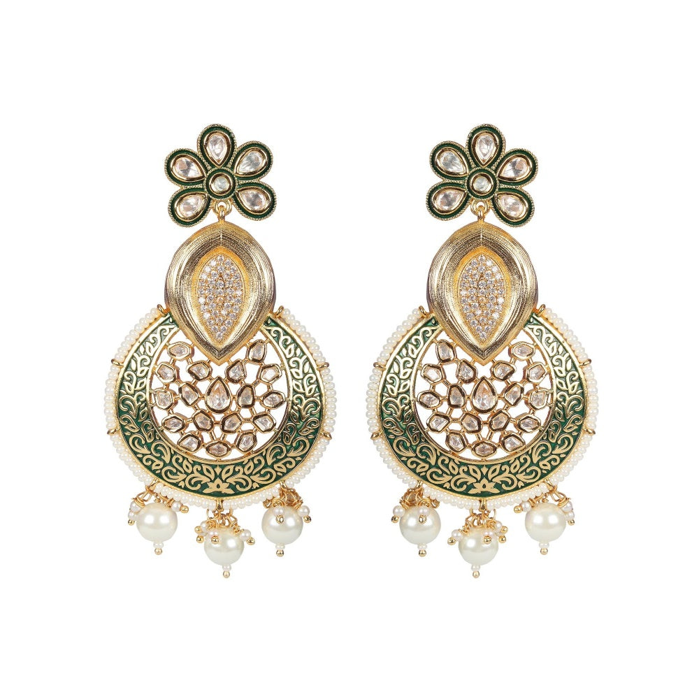 Akulya Jewels Green Kundan and Minakari Danglers Earrings