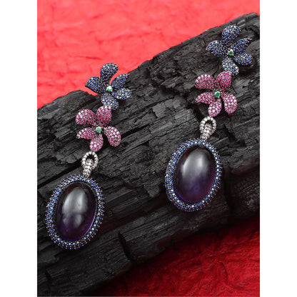 Akulya Jewels Navy Blue Doublet Earrings with A Floral Motif