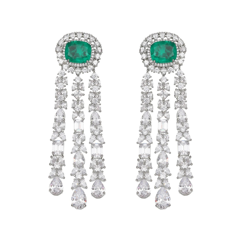 Akulya Jewels Deep Emerald Doublet Danglers with Cubic Zirconia in a Strand Design.