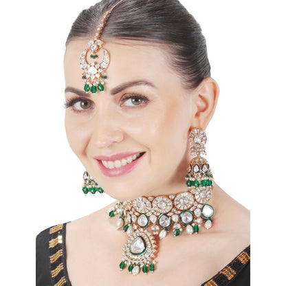 Akulya Jewels Kundan Polki Choker with Green Minakari Work and Beads (Set of 3)