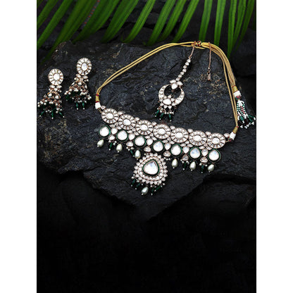 Akulya Jewels Kundan Polki Choker with Green Minakari Work and Beads (Set of 3)