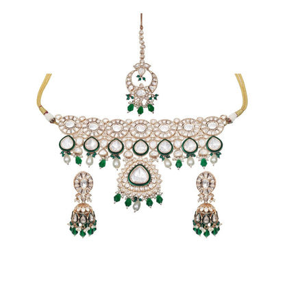 Akulya Jewels Kundan Polki Choker with Green Minakari Work and Beads (Set of 3)