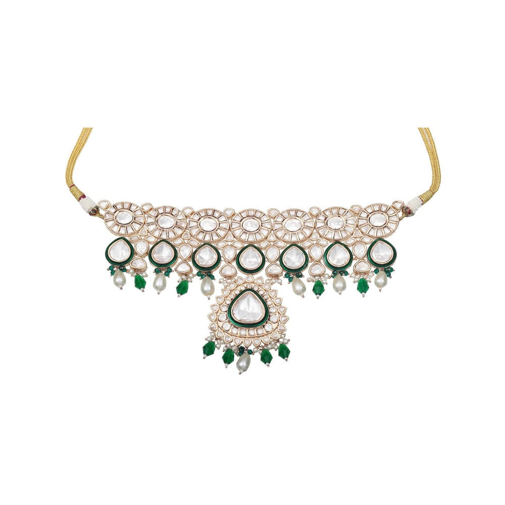 Akulya Jewels Kundan Polki Choker with Green Minakari Work and Beads (Set of 3)