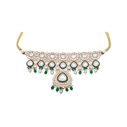 Akulya Jewels Kundan Polki Choker with Green Minakari Work and Beads (Set of 3)