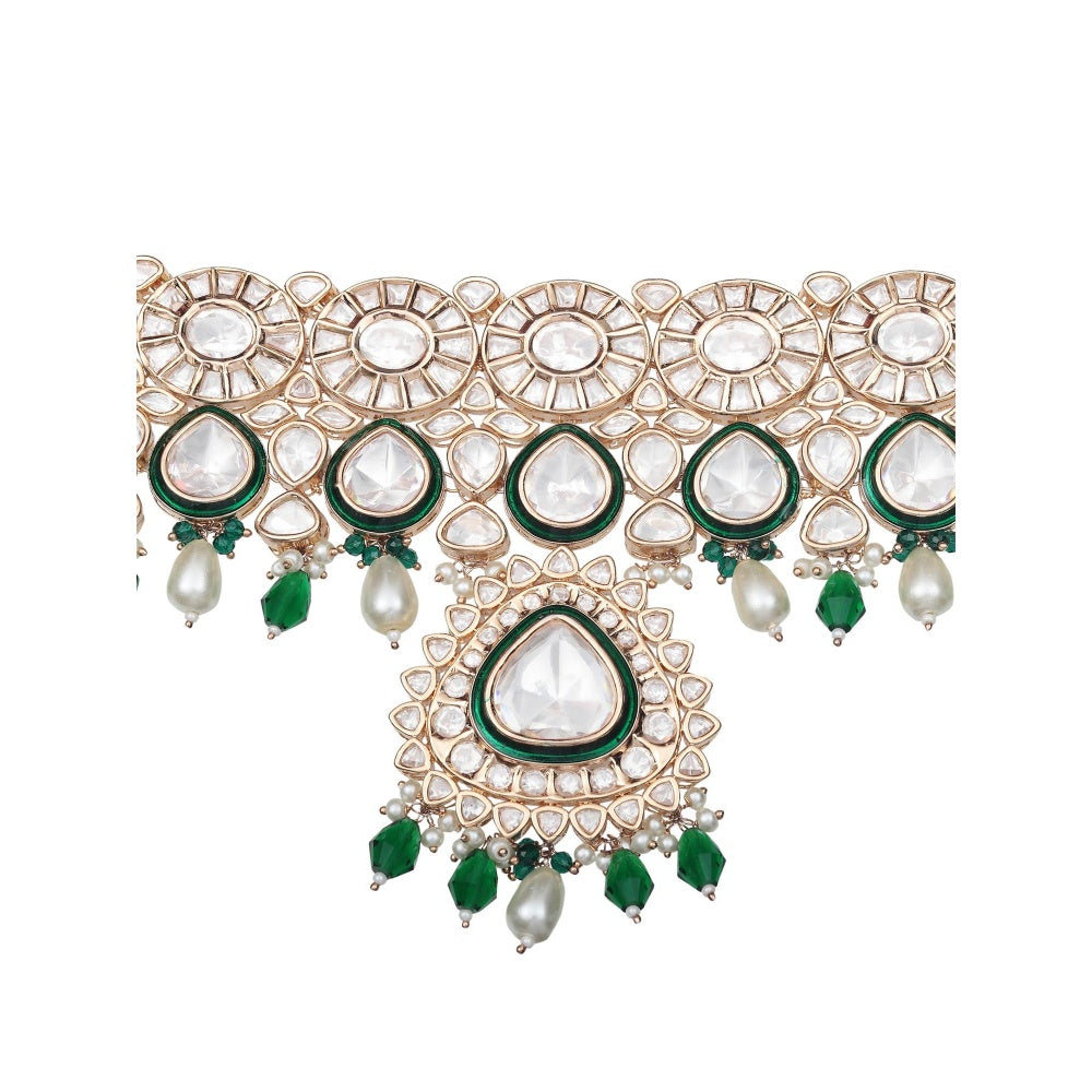 Akulya Jewels Kundan Polki Choker with Green Minakari Work and Beads (Set of 3)