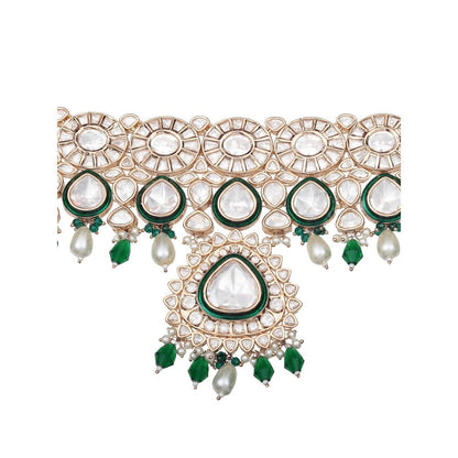 Akulya Jewels Kundan Polki Choker with Green Minakari Work and Beads (Set of 3)