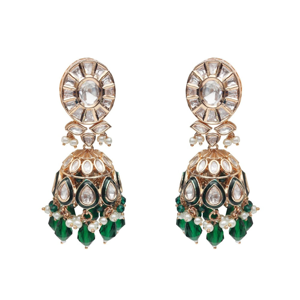 Akulya Jewels Kundan Polki Choker with Green Minakari Work and Beads (Set of 3)