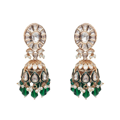 Akulya Jewels Kundan Polki Choker with Green Minakari Work and Beads (Set of 3)
