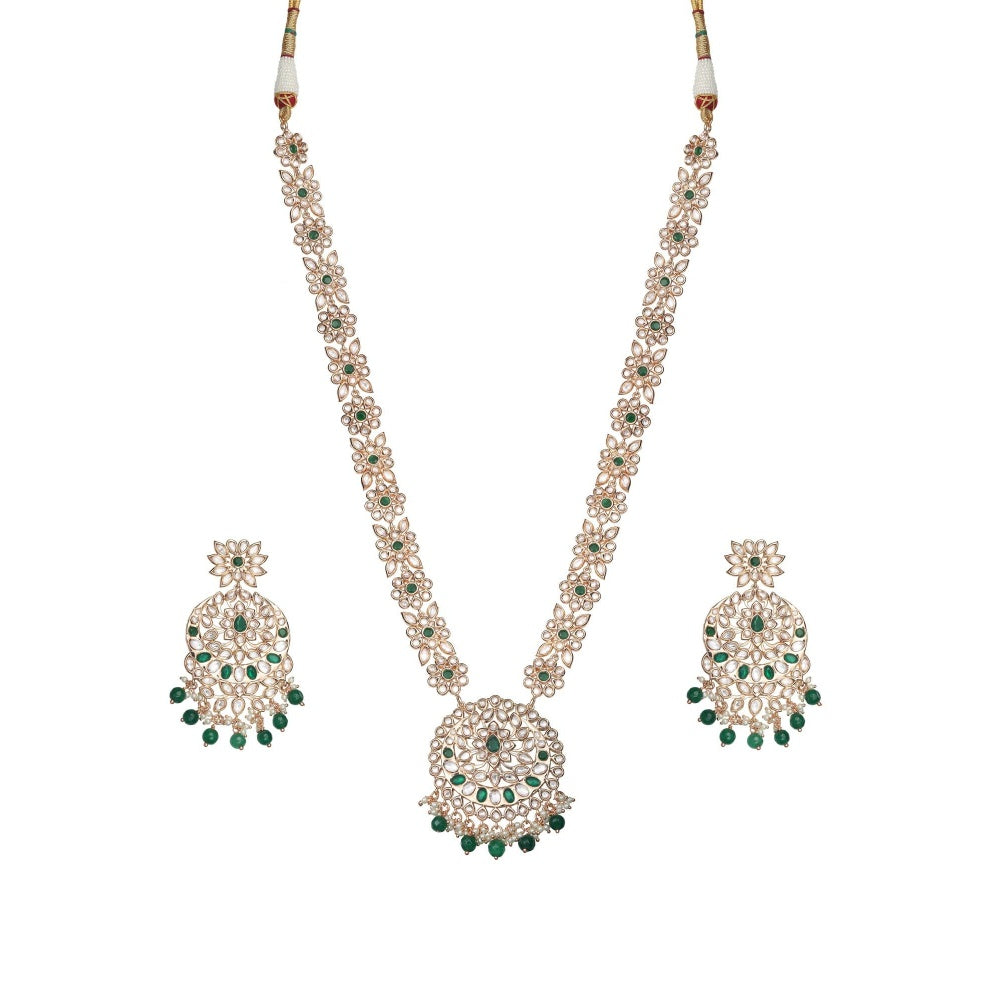 Akulya Jewels Gold Finished Kundan Polki Long Necklace with Emerald Green Stones (Set of 2)