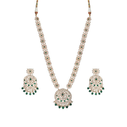 Akulya Jewels Gold Finished Kundan Polki Long Necklace with Emerald Green Stones (Set of 2)