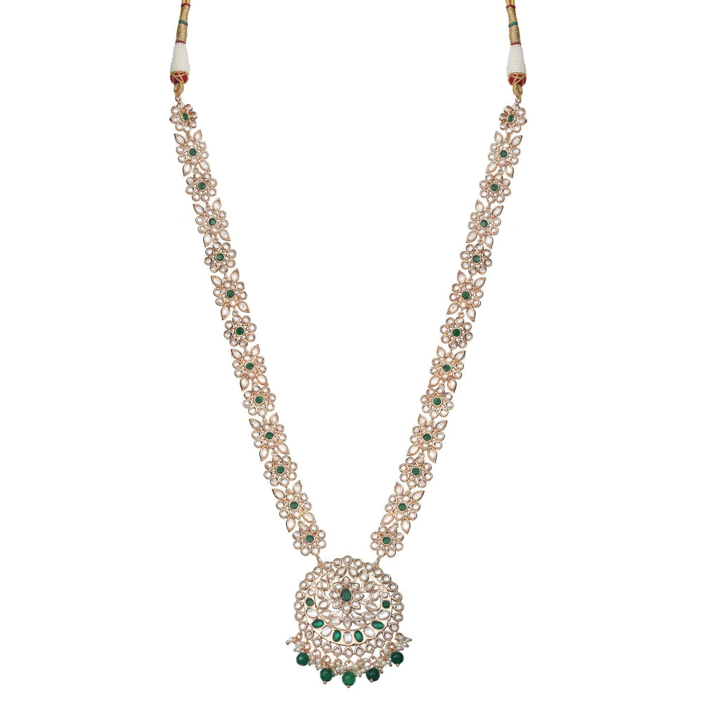 Akulya Jewels Gold Finished Kundan Polki Long Necklace with Emerald Green Stones (Set of 2)
