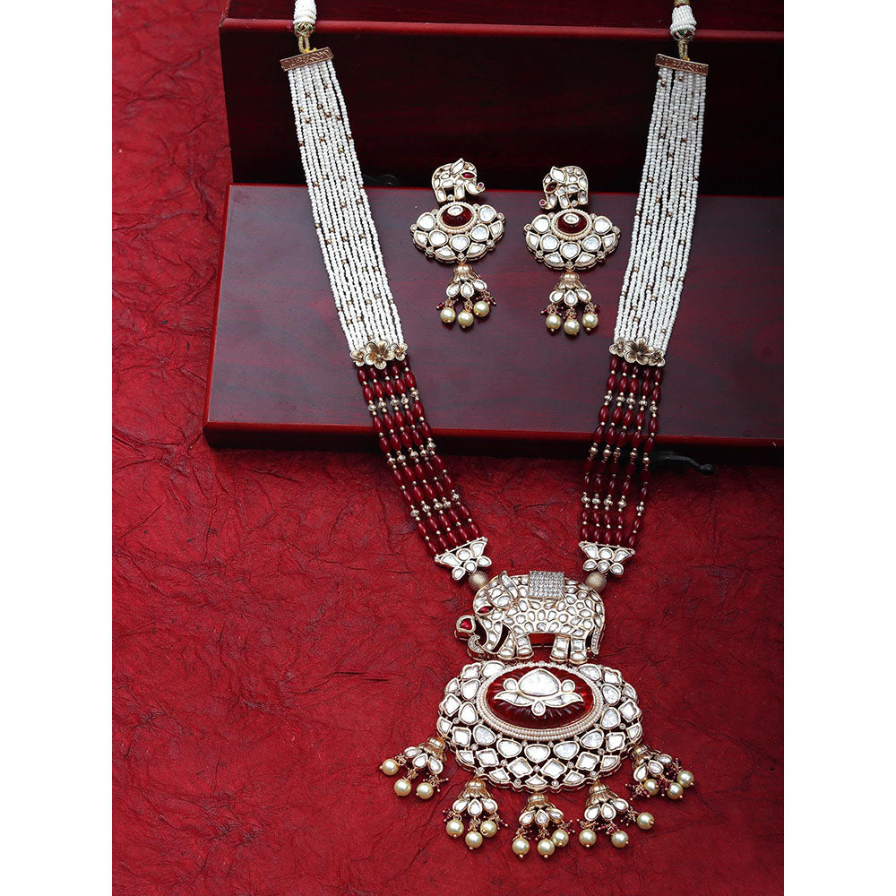 Akulya Jewels Red Kundan Polki Elephant Motif Jewellery (Set of 2)