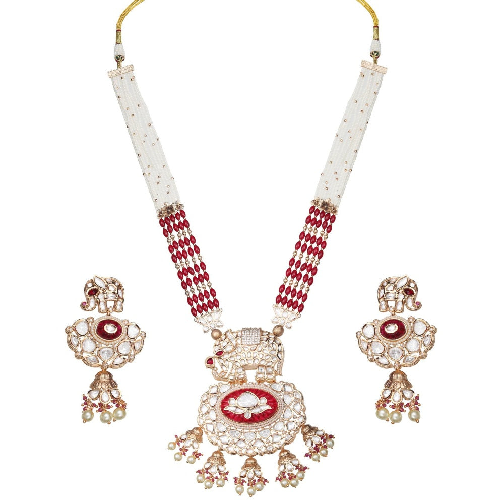 Akulya Jewels Red Kundan Polki Elephant Motif Jewellery (Set of 2)