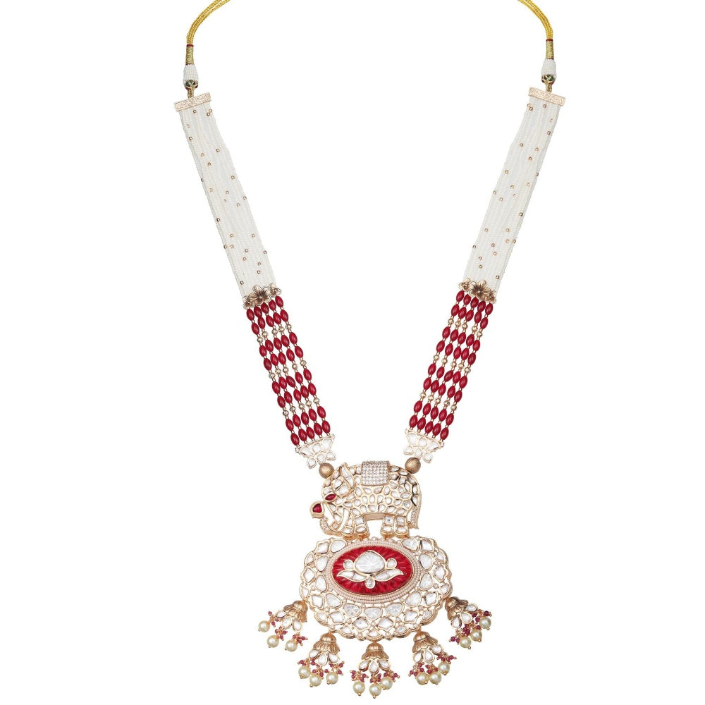 Akulya Jewels Red Kundan Polki Elephant Motif Jewellery (Set of 2)