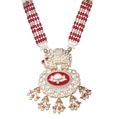 Akulya Jewels Red Kundan Polki Elephant Motif Jewellery (Set of 2)