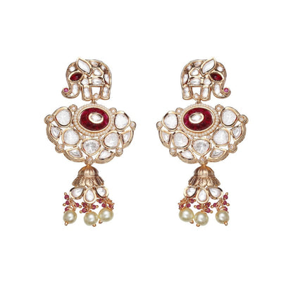 Akulya Jewels Red Kundan Polki Elephant Motif Jewellery (Set of 2)
