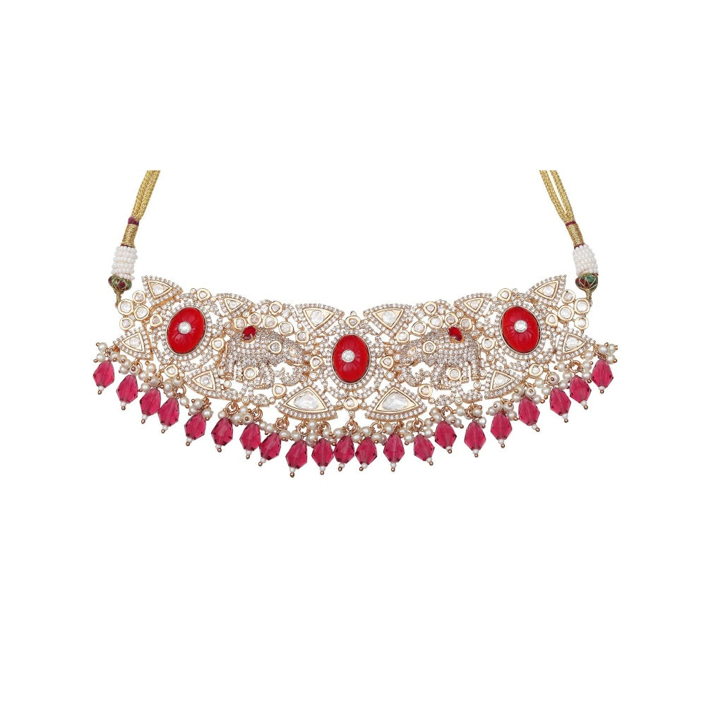 Akulya Jewels Red Kundan Polki Elephant Motif Bridal Choker (Set of 2)
