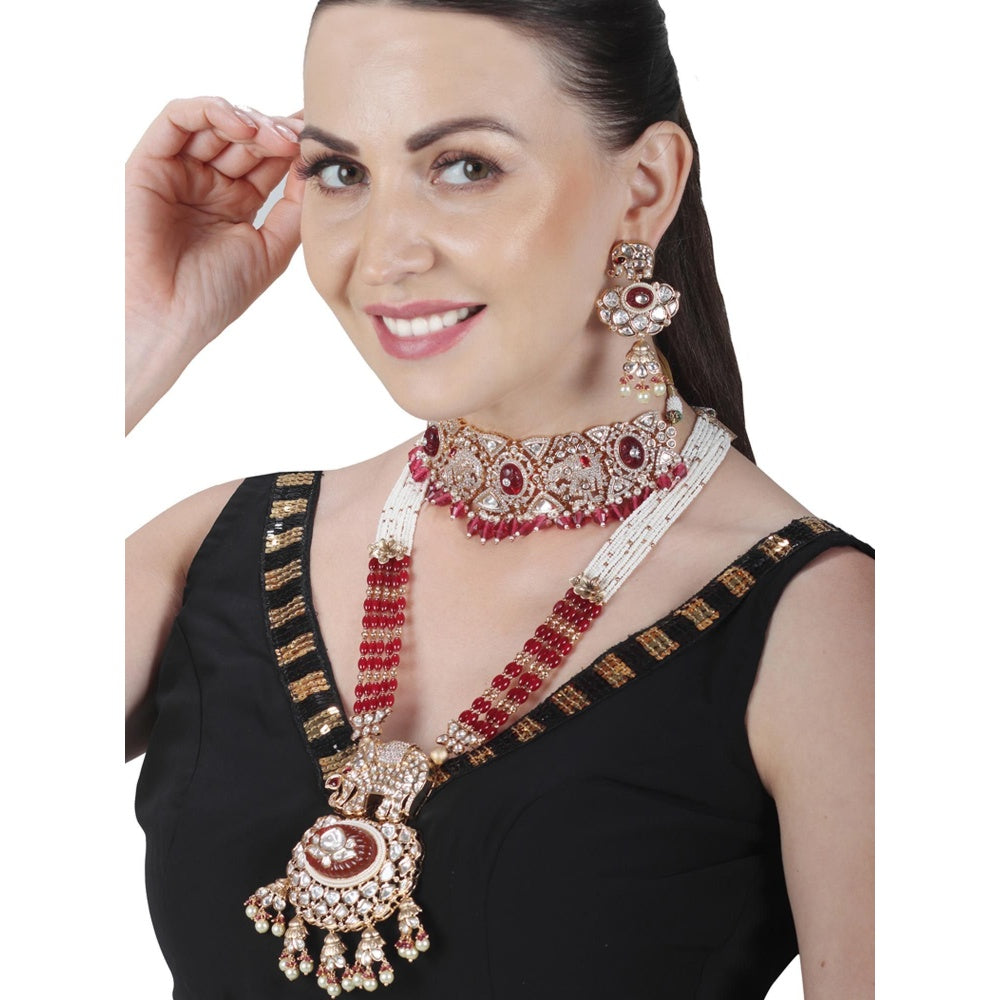 Akulya Jewels Red Kundan Polki Elephant Motif Bridal Choker and Long Necklace (Set of 4)
