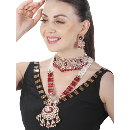 Akulya Jewels Red Kundan Polki Elephant Motif Bridal Choker and Long Necklace (Set of 4)