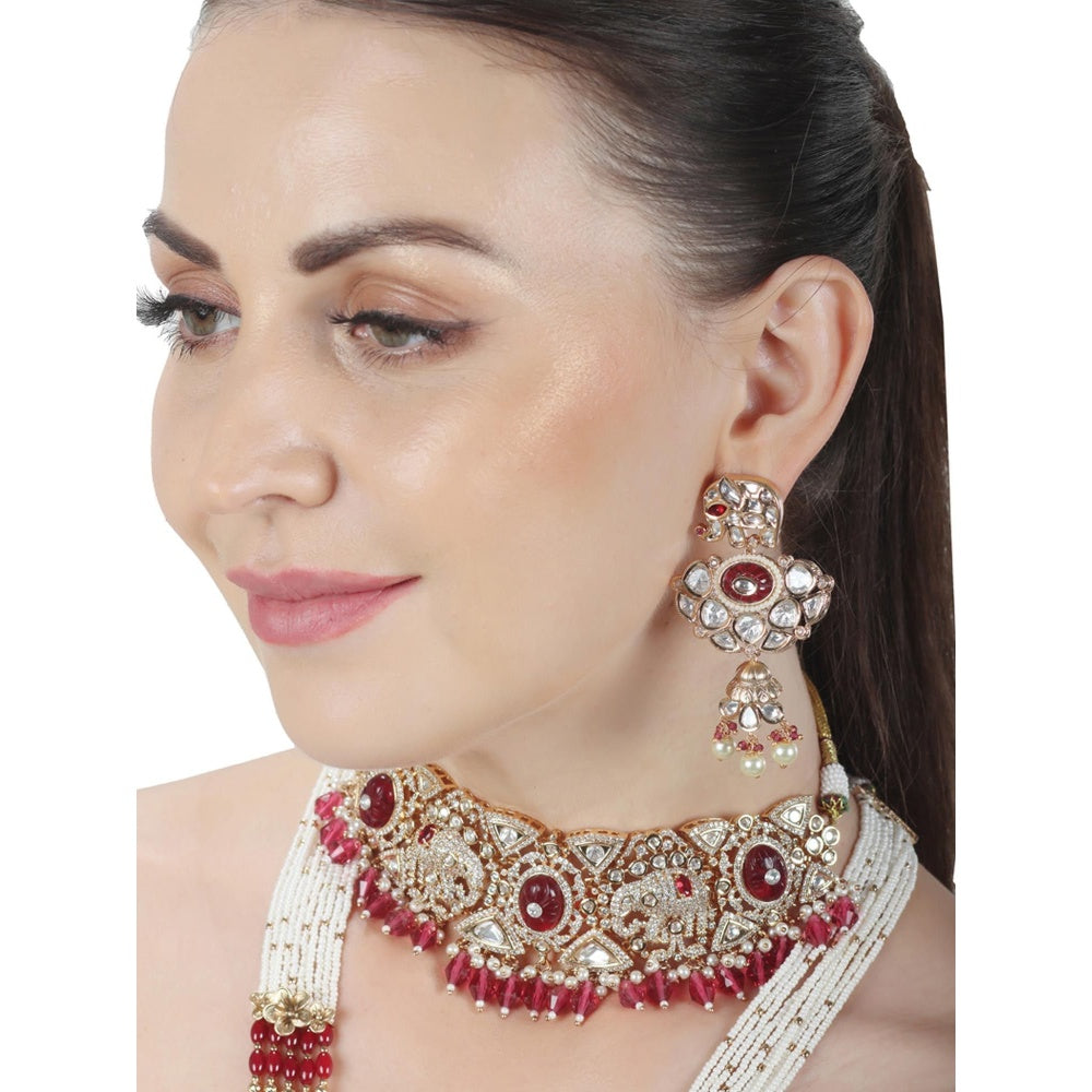 Akulya Jewels Red Kundan Polki Elephant Motif Bridal Choker and Long Necklace (Set of 4)