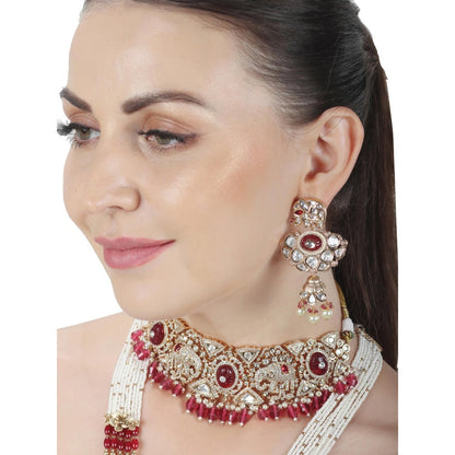 Akulya Jewels Red Kundan Polki Elephant Motif Bridal Choker and Long Necklace (Set of 4)