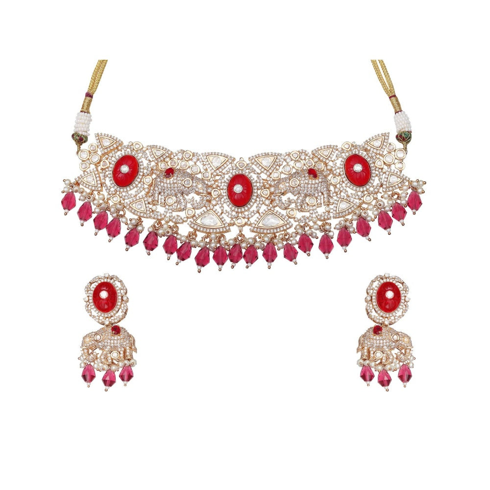 Akulya Jewels Red Kundan Polki Elephant Motif Bridal Choker and Long Necklace (Set of 4)
