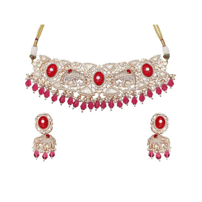 Akulya Jewels Red Kundan Polki Elephant Motif Bridal Choker and Long Necklace (Set of 4)