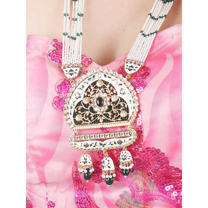 Akulya Jewels Emerald Green and White Kundan and Minakari Long Necklace (Set of 2)